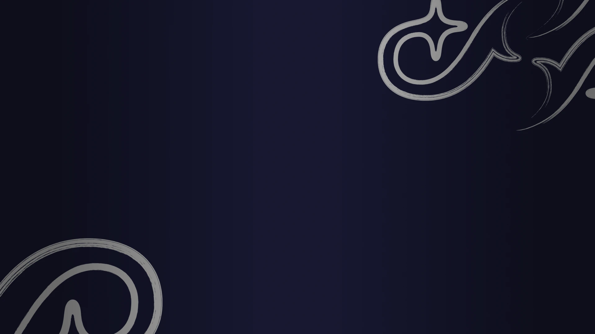 Dark blue background with elegant, swirling silver lines in the top right and bottom left corners, creating a decorative frame.