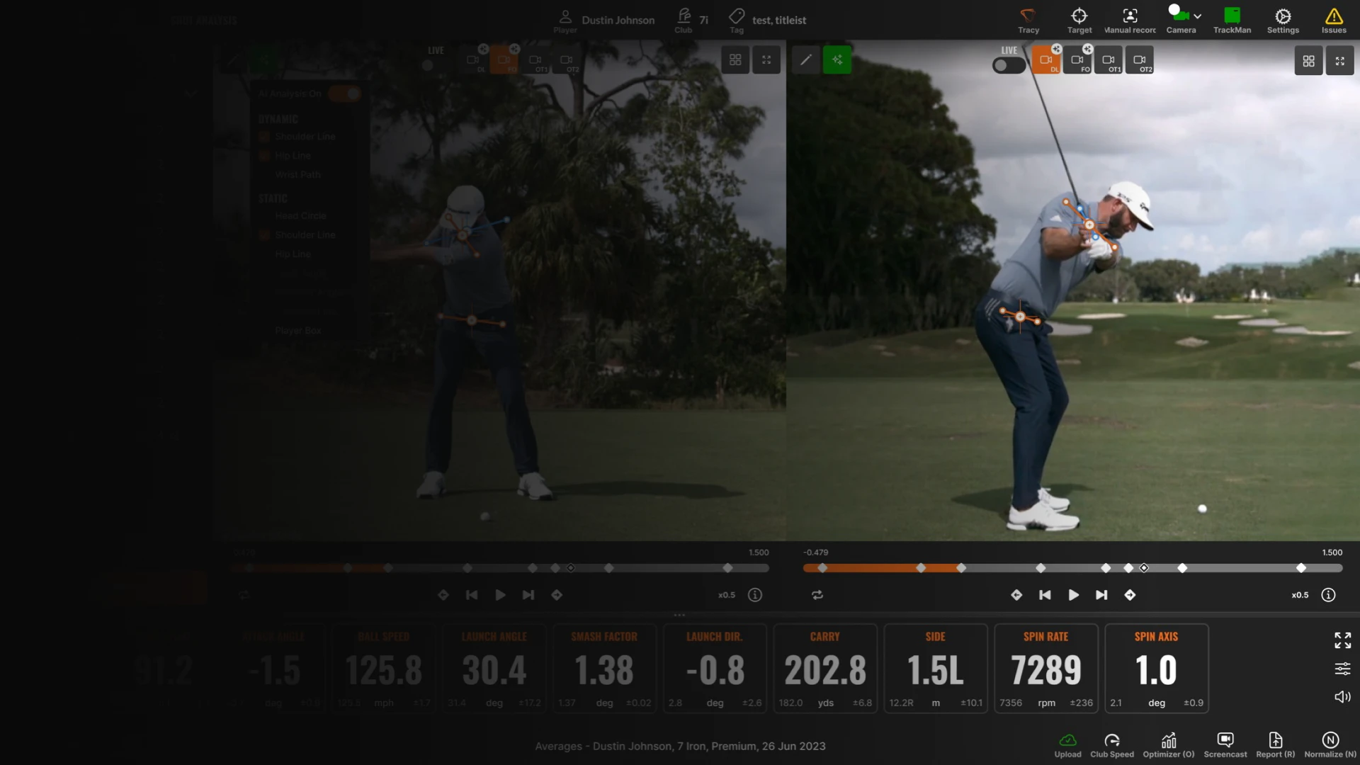 A golfer in mid-swing on a golf course. The image is split with swing analysis data displayed below, including speed and angle metrics.