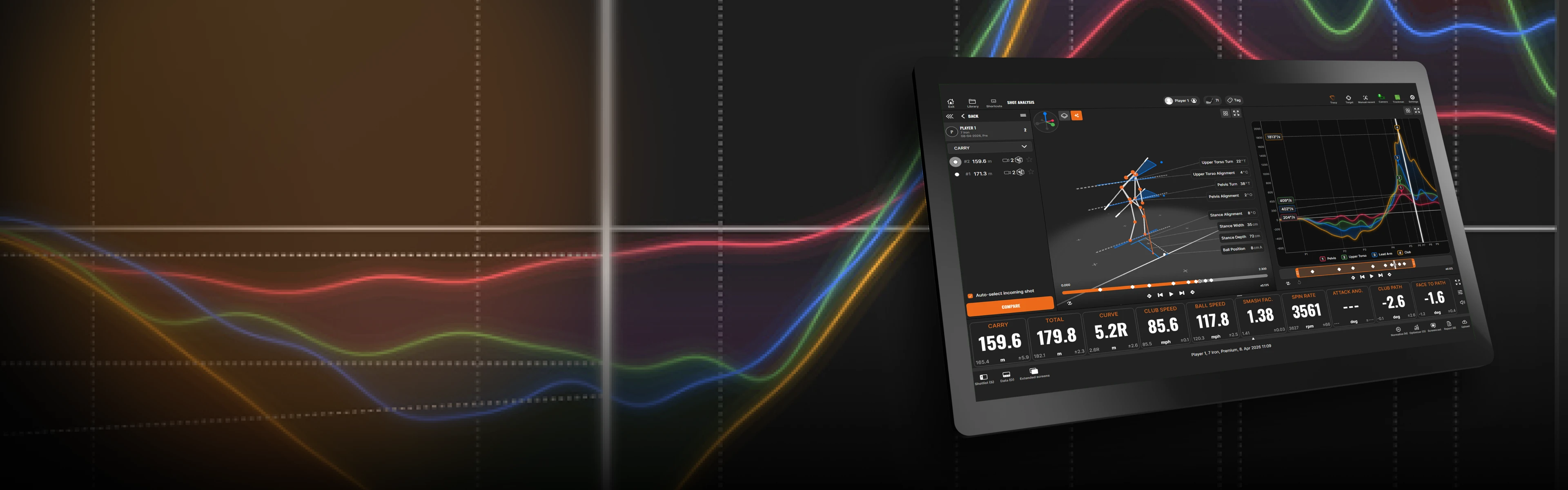 Tablet displaying data analytics and colorful graphs on a dark, lined background.